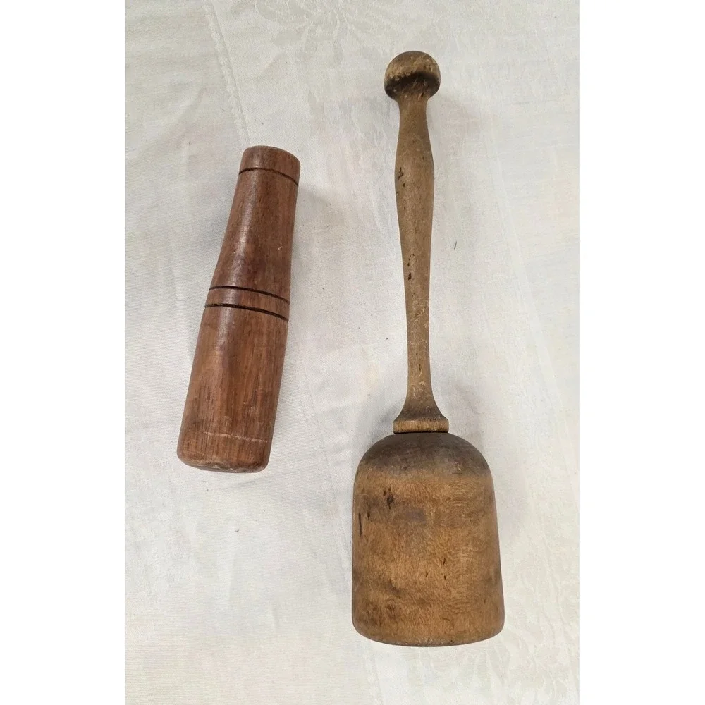 Antique Primitive Wooden Mallet/Potato Masher and Pestle Set Decor 2 Piece